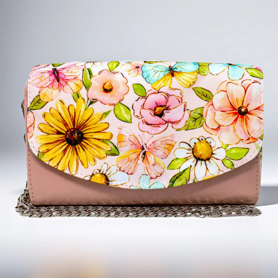 Floral patterned handbag with a silver chain, pastel pink leather bag by Emma Easter Handcrafted