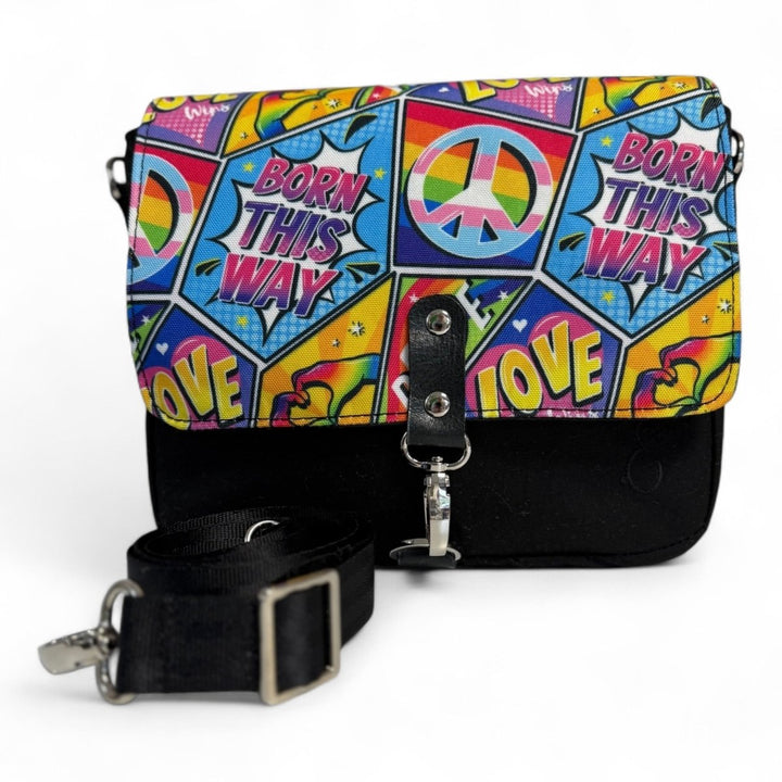 Pop Pride leather crossbody bag with comic book patches and peace symbols handmade in Wales