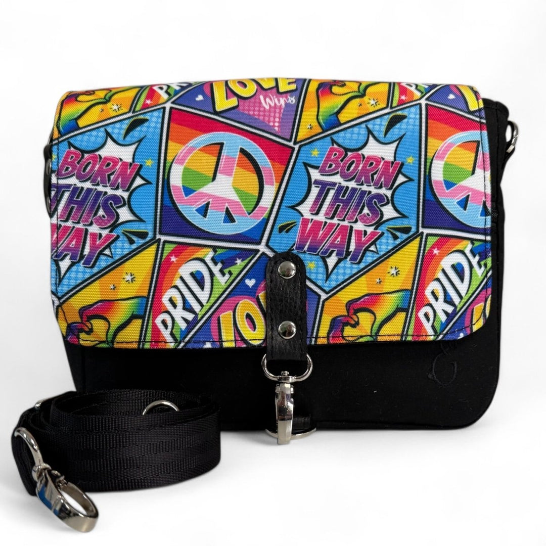 Pride comic pop art crossbody bag with custom water-resistant canvas flap and vegan friendly organic dry oilskin body, made in Wales