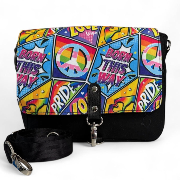 Pride comic pop art crossbody bag with custom water-resistant canvas flap and vegan friendly organic dry oilskin body, made in Wales