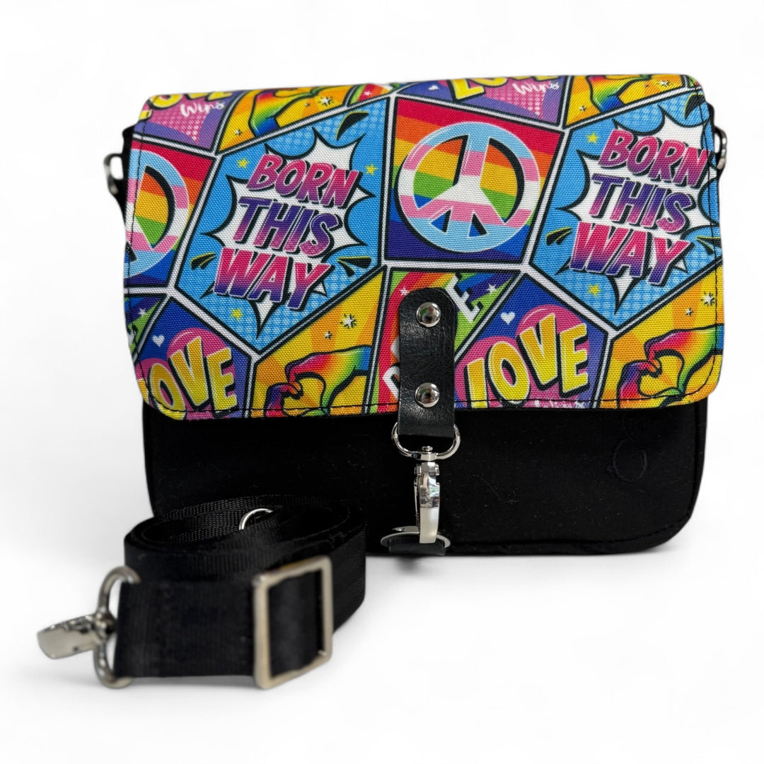 Pop Pride vegan crossbody bag with comic book patches and peace symbols handmade in Wales
