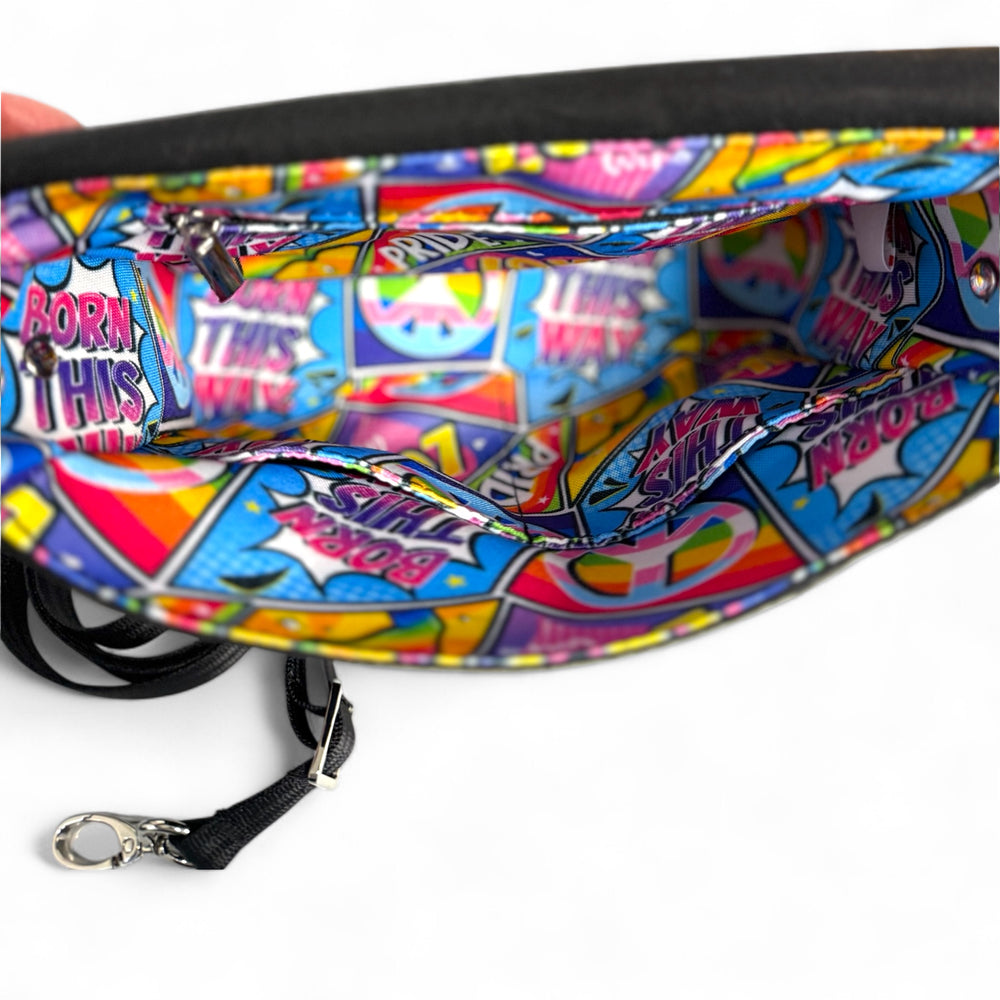 Pop Pride crossbody bag interior showing water-resistant printed lining with comic book Pride design