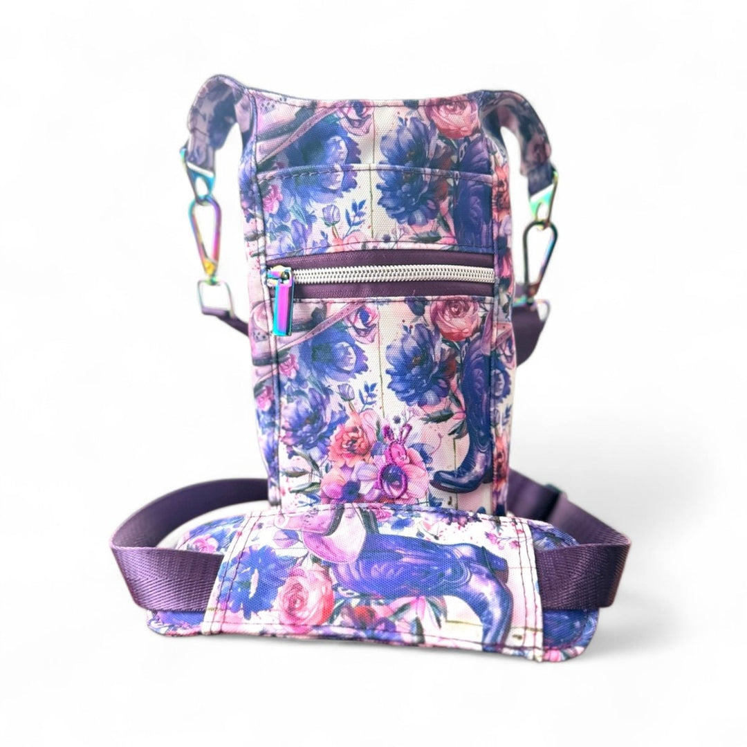 Prairie Bloom Bottle Buddy featuring purple and pink florals with western boots, handcrafted water-resistant bag from Wales