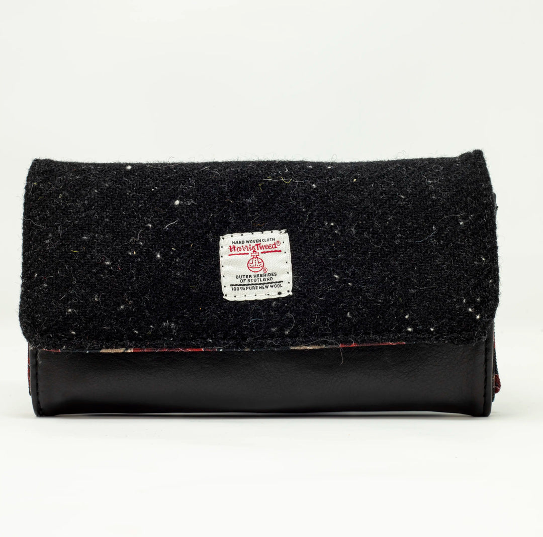 Rosa black leather purse with Harris Tweed® cloth and Orb certification mark
