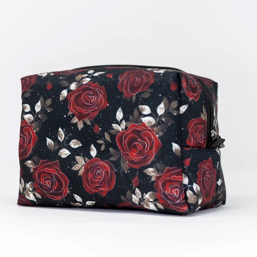 Rosa Romantic Gothic Makeup Organiser with red roses and silver leaves – handcrafted in Wales by Emma Easter Handcrafted