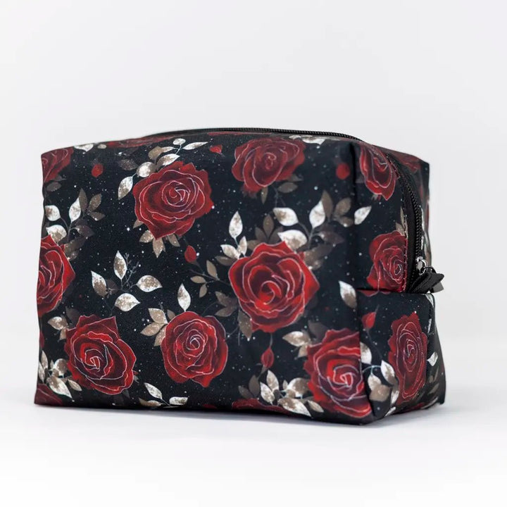Rosa Romantic Gothic Makeup Organiser with red roses and silver leaves – handcrafted in Wales by Emma Easter Handcrafted