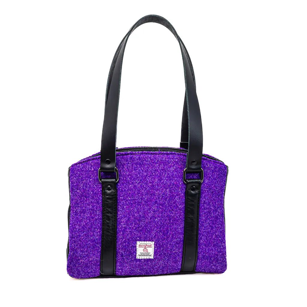 Rowena Harris Tweed® handbag in purple with black leather trim, handcrafted in Wales by Emma Easter Handcrafted – front view.