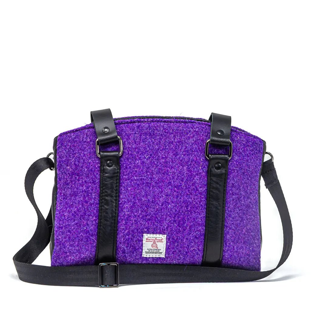 Rowena purple Harris Tweed® handbag styled with black leather, handcrafted in Wales by Emma Easter Handcrafted – lifestyle view.