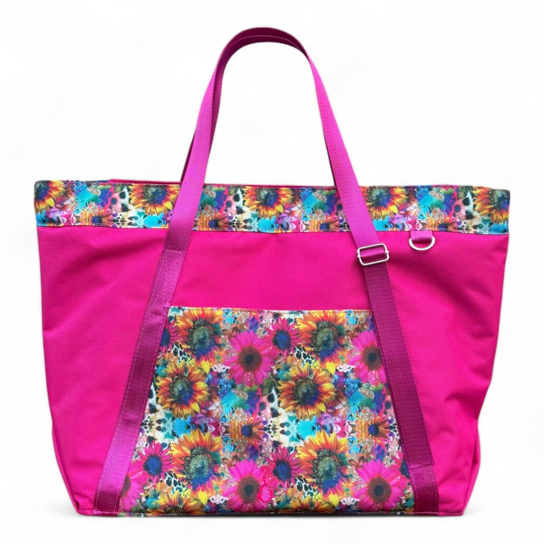 Large pink tote bag with sunflower and leopard print panel, perfect for beach days, shopping, or market visits. Handmade in Wales with waterproof canvas and vibrant details.