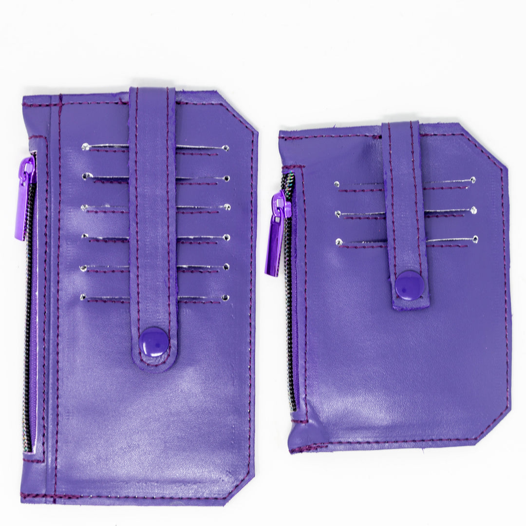 Size comparison between mini and standard Purple Faux Leather Slim Purse - Emma Easter Handcrafted