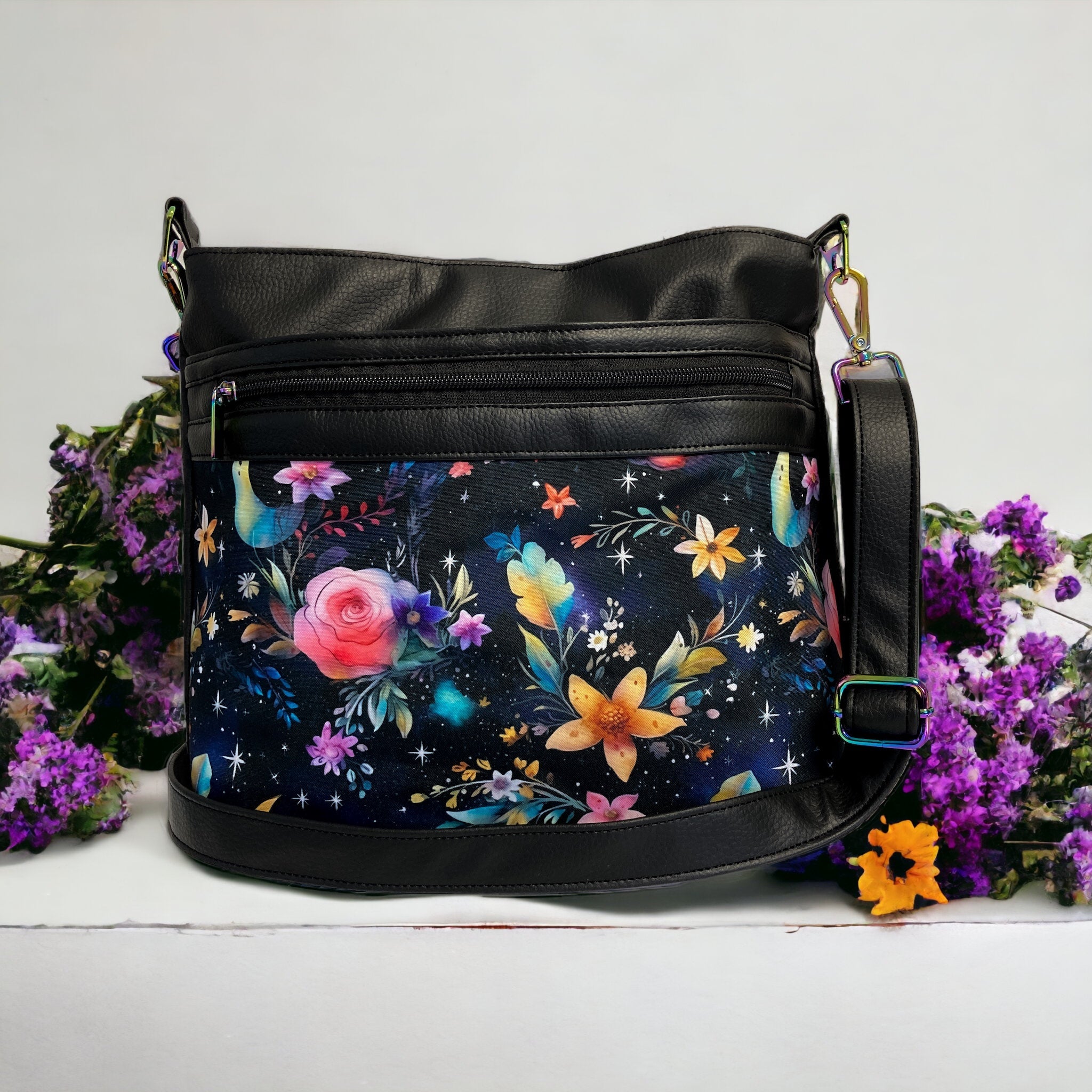 Black floral sales crossbody bag