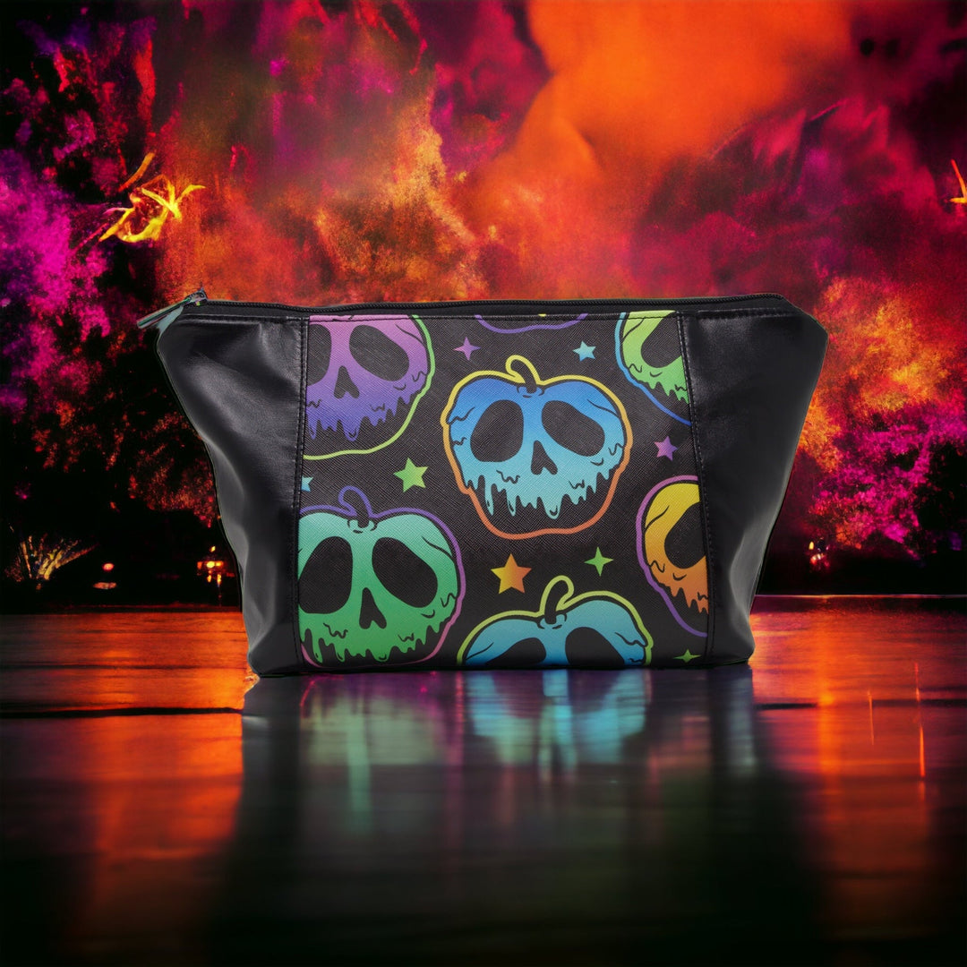 Spooky Apples Makeup Bag with a orange/red textured background - Emma Easter Handcrafted
